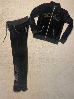BCBG Black Studded Velour Zip Jacket and Pants Set